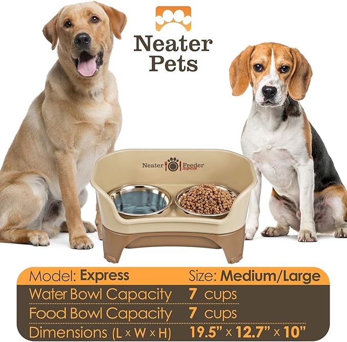 Neater Feeder - Express Model - Mess-Proof Dog Bowls (Medium/Large, Cappuccino) – Made in USA – Elevated, No Spill, Non-Tip, Non-Slip, Raised Stainless Steel Food & Water Pet Bowls