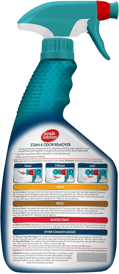 Simple Solution Stain and Odor Eliminator Spray for Dogs & Cats, Enzyme Cleaner With 2X Pro-Bacteria Cleaning Power, Strong Smell Remover for Carpets, Upholstery & Floors, 32 oz (Pack of 2)