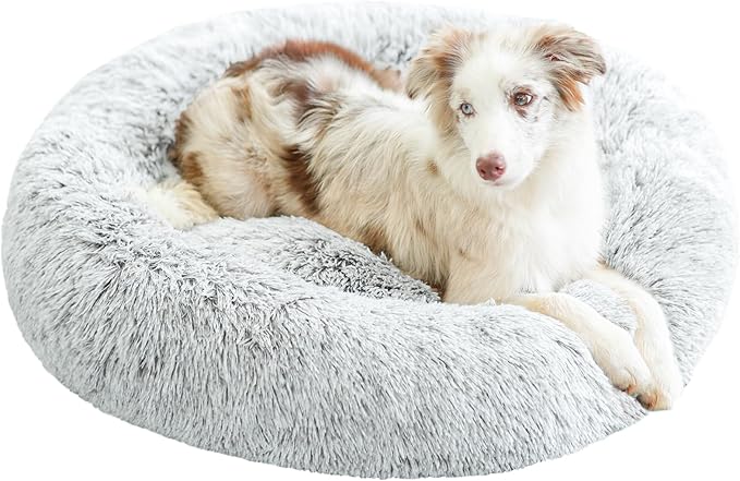 YAEM Dog Bed - 24" Dog Beds for Medium Dogs, Washable Medium Dog Bed, Anti-Anxiety Round Fluffy Plush Faux Fur Calming Dog Bed, Anti-Slip Anti-Slip Donut Dog Bed | Cat Bed - Grey