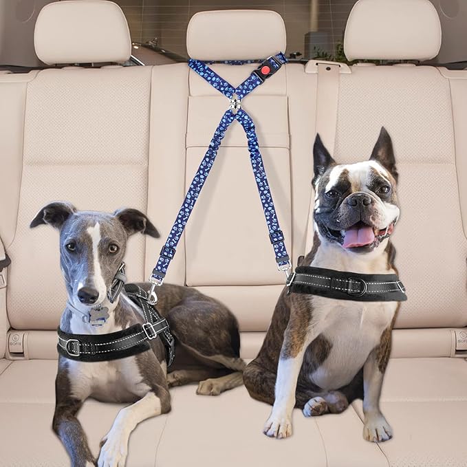 Lukovee Double Dog Seat Belt, New Dual Pet Car Headrest Restraint Safety Seatbelt No Tangle Dog Leash Duty Adjust Elastic Bungee Puppy Lead Splitter Connect Harness in Vehicle Travel for 2 Dogs (BL)