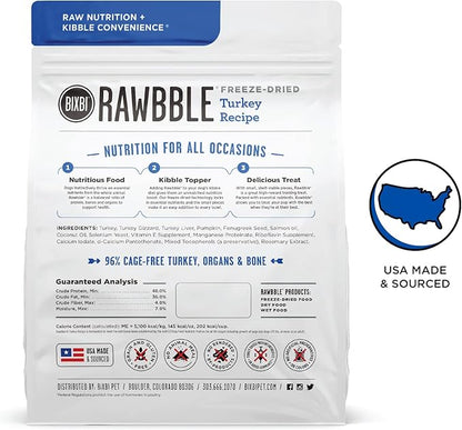 BIXBI Rawbble Freeze Dried Dog Food, Turkey Recipe, 12 oz - 96% Meat and Organs, No Fillers - Pantry-Friendly Raw Dog Food for Meal, Treat or Food Topper - USA Made in Small Batches