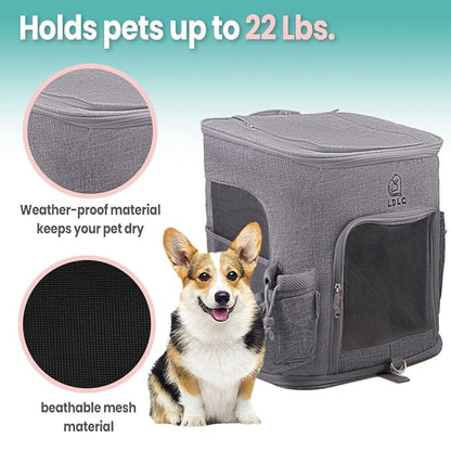 Critter Sitters Light Grey Pet Backpack for Small Dogs, Cats with Scratch Resistant Breathable Mesh Windows, Airline Carry-On Approved, Cup Holders, Pockets, Durable Transporation for Animals