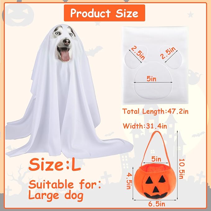 Dog Halloween Costumes - Dog Ghost Costume with Felt Pumpkin Trick or Treat Bucket, Medium Large Dog Halloween Costumes (55Pounds), Funny and Cute Dog Costumes Clothes for Halloween Cosplay Party