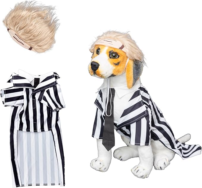 Black Striped Dog Suit wit Blonde Wig Scientist Dog Costume Pet Costume Cosplay Clothes Outfit Accessories Party Favors (Medium, Striped Clothes with Wig)