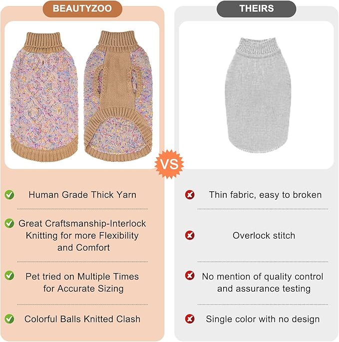 BEAUTYZOO Cable Knit Small Dog Sweater, Color Block with Fuzzy Thread Knitted Turtleneck Dog Knitwear with Dots in a Variety of Colors for Small Medium Dogs Fall Winter Dog Clothes, SM Beige