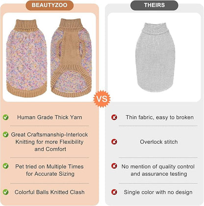 BEAUTYZOO Cable Knit Small Dog Sweater, Color Block with Fuzzy Thread Knitted Turtleneck Dog Knitwear with Dots in a Variety of Colors for Small Medium Dogs Fall Winter Dog Clothes, SM Beige