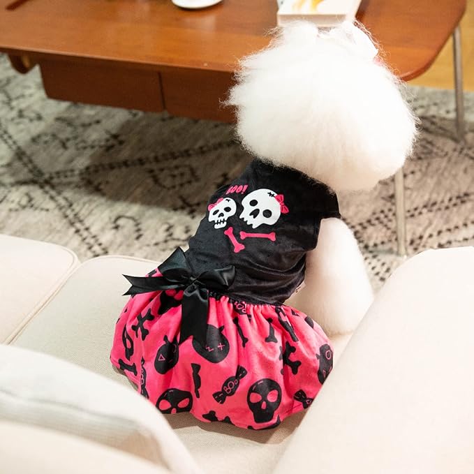 CuteBone Halloween Skulls Dog Dress Velvet for Small Dogs Girl Puppy Dresses Pink Dog Clothes CVA02XXS-D
