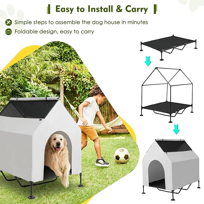 48" House for Large Dogs Outside & Elevated Dog Bed,Waterproof Dog House for Indoor & Outdoor Use, Portable Pet House with Powerful Anti-Slip Feet,Weatherproof Dog Shelter Cot for S/M/L Dogs & Cats