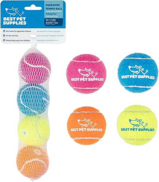 Best Pet Supplies Squeaky Tennis Toys for Dogs, 4-Pack, Heavy-Duty Interactive Pet Toys for Throwing and Fetching, Supports Exercise and Natural Behavior Training, Durable - Small