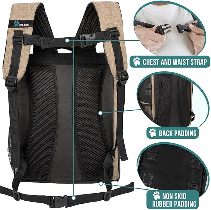 PetAmi Dog Backpack Carrier for Small Large Cat, Pet, Puppy, Ventilated Pet Hiking Backpack Travel Bag, Airline Approved Cat Backpack Carrier, Camping Biking Dog Bag Up to 18lbs Pet, Taupe