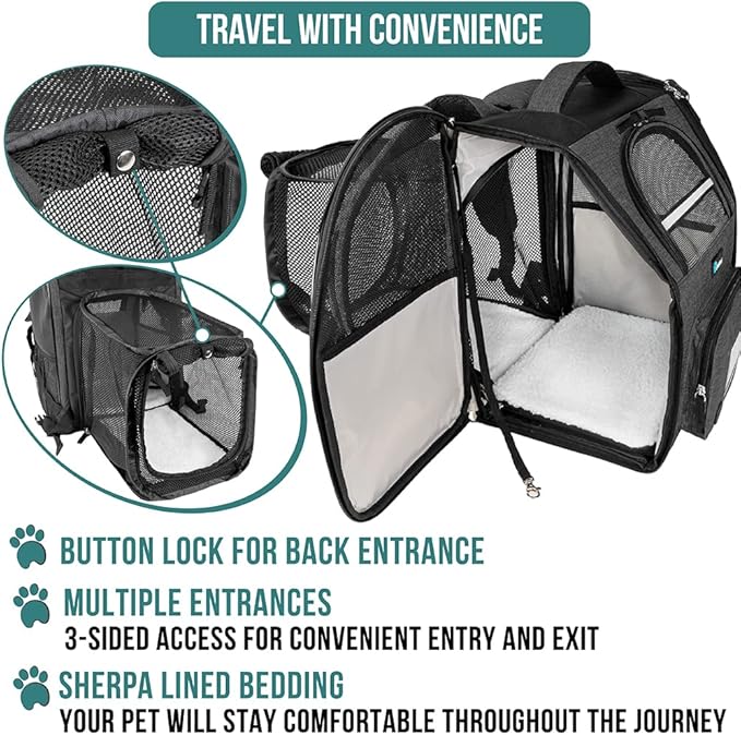 PetAmi Dog Cat Backpack Carrier, Expandable Pet Carrier Backpack for Travel Hiking, Small Medium Dog Puppy Large Cat Carrying Backpack, Airline Approved Ventilated Soft Back Support, 18 lbs, Dark Gray