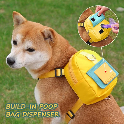 Dog Backpack Harness with Leash,Cute Pet Puppy Backpacks Bulid-in Dog Poop Bag Dispenser,Adjustable Pets Self Carrier Bag for Small Medium Dogs Travel Hiking Daily Walking(S, Yellow)