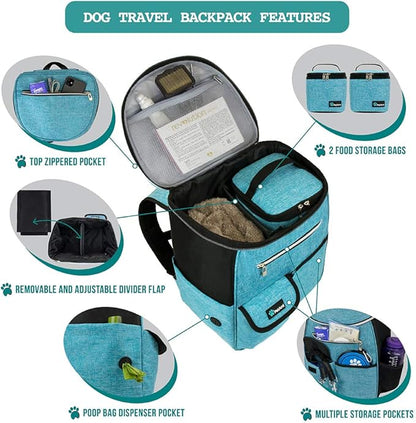 PetAmi Dog Travel Bag Backpack, Airline Approved Dog Bags for Traveling, Puppy Diaper Bag Supplies, Pet Camping Essentials Hiking Accessories Dog Mom Gift, Food Container, Collapsible Bowls, Teal Blue