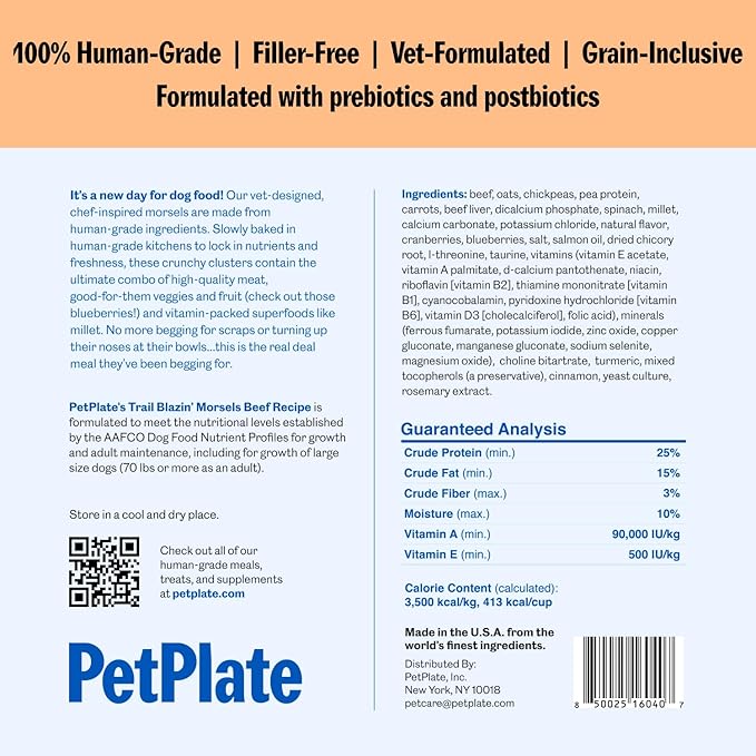 PetPlate FreshBaked Dry Dog Food Grain-Inclusive, Gently Baked and Air-Dried Human Grade Dog Food, Vet Designed and Formulated with Prebiotics and Postbiotics, No Fillers or by-Products, 2lbs (Beef)