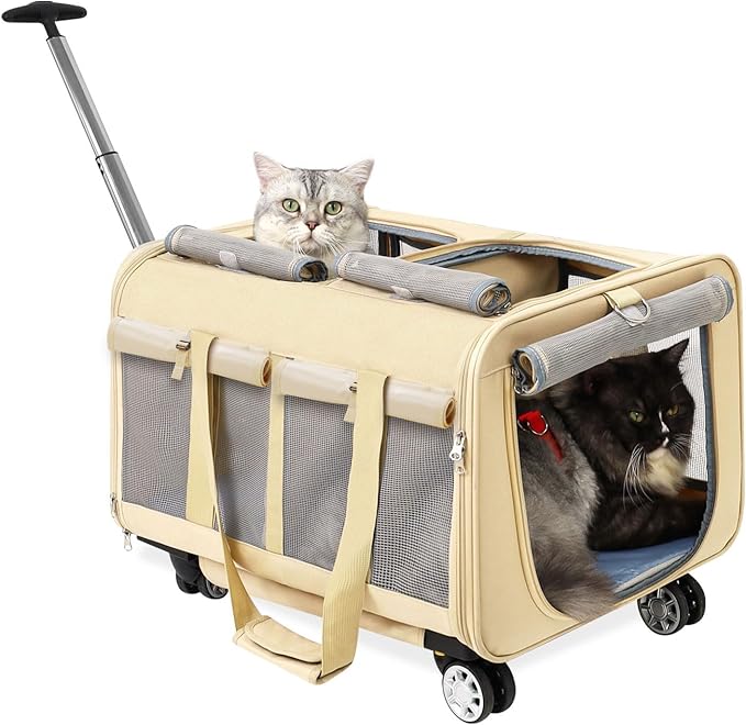 Rolling Cat Carrier on Wheels for 2 Cats - Double Compartment Cat Carrier with Wheels for 2 Small and Medium Cats - Ideal for Traveling/Hiking/Camping - 21" x 17" x 13" Not for Airline