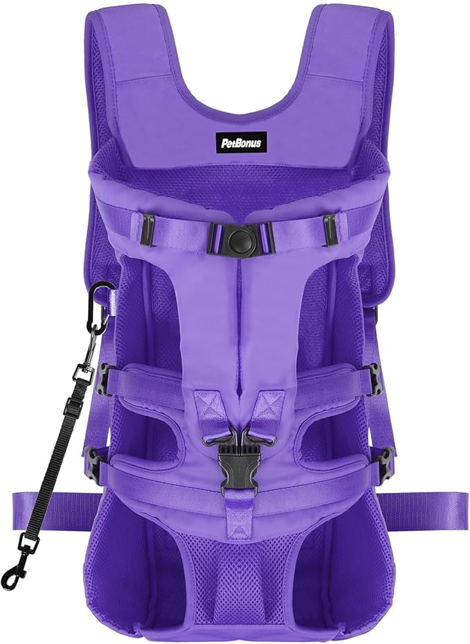 PetBonus Pet Front Dog Carrier Backpacks, Adjustable Dog Backpack Carrier, Legs Out Easy-fit Dog Chest Carrier for Medium Small Dogs, Hands Free Dog Front Carrier for Hiking, Cycling (Purple, XL)