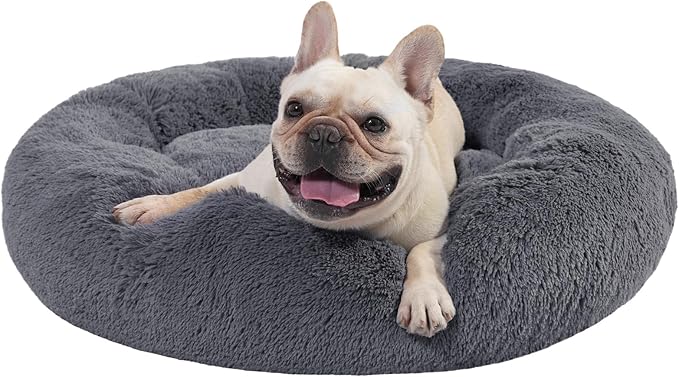 30" Calming Dog Bed with Removable Cover,Anti Anxiety Donut Dog Bed,Plush Round Pet Beds for Medium Dogs,Fluffy Faux Fur Dog Bed,Washable Cuddler Dog Bed(Dark Grey,Medium)