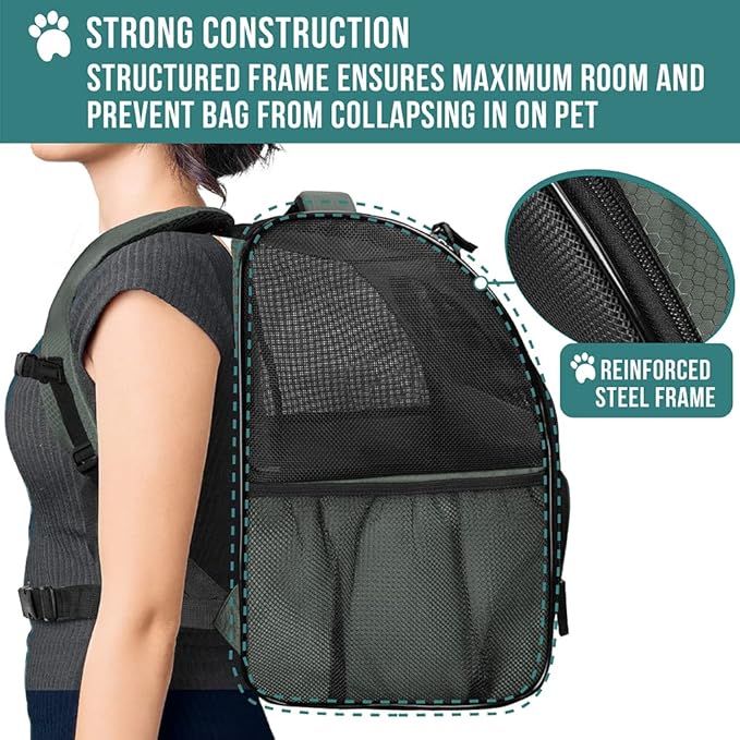 PetAmi Deluxe Pet Carrier Backpack for Small Cats and Dogs, Puppies | Ventilated Design, Two-Sided Entry, Safety Features and Cushion Back Support | for Travel, Hiking, Outdoor Use (Dark Gray)