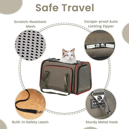 Petsfit Airline Approved Expandable Large Cat Carrier Small Dog Carrier, 17" x 11" x 11" Collapsible Portable Soft-Sided Airplane Pet Carrier Bag with Two Extension, Fit for Outdoor Use