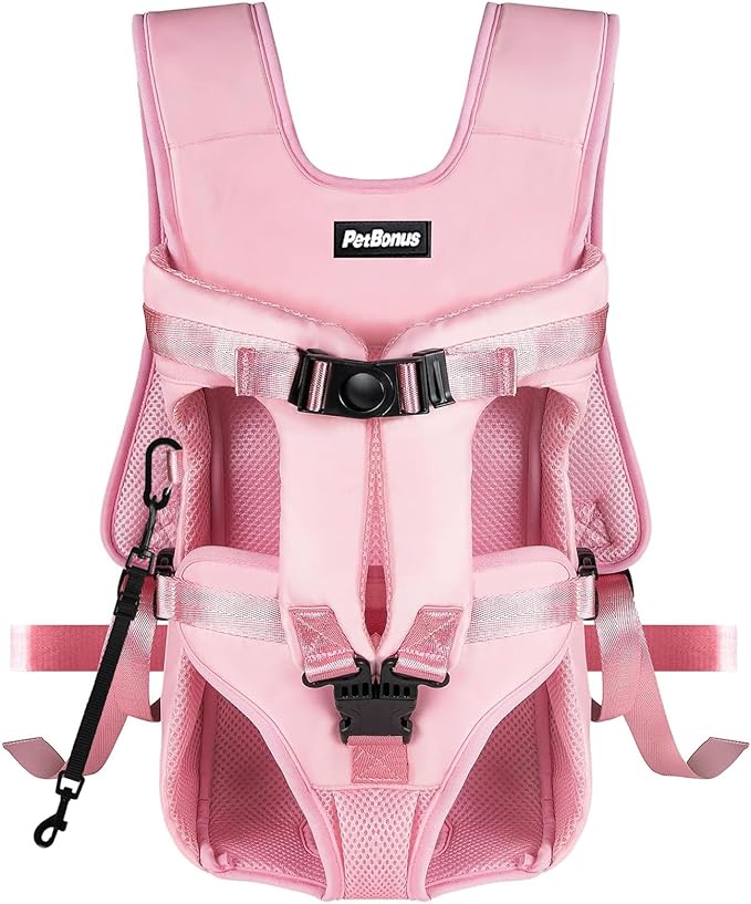 PetBonus Pet Front Dog Carrier Backpacks, Adjustable Dog Backpack Carrier, Legs Out Easy-fit Dog Chest Carrier for Medium Small Dogs, Hands Free Dog Front Carrier for Hiking, Cycling (Pink, L)