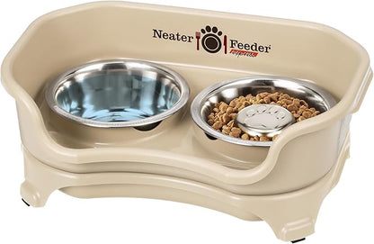 Neater Feeder - Express Model w/Slow Feed Bowl - Mess-Proof Dog Bowls (Small, Almond) Made in USA – Elevated, No Spill, Non-Tip, Non-Slip, Raised Stainless Steel Food/Water Pet Bowls Aid Digestion