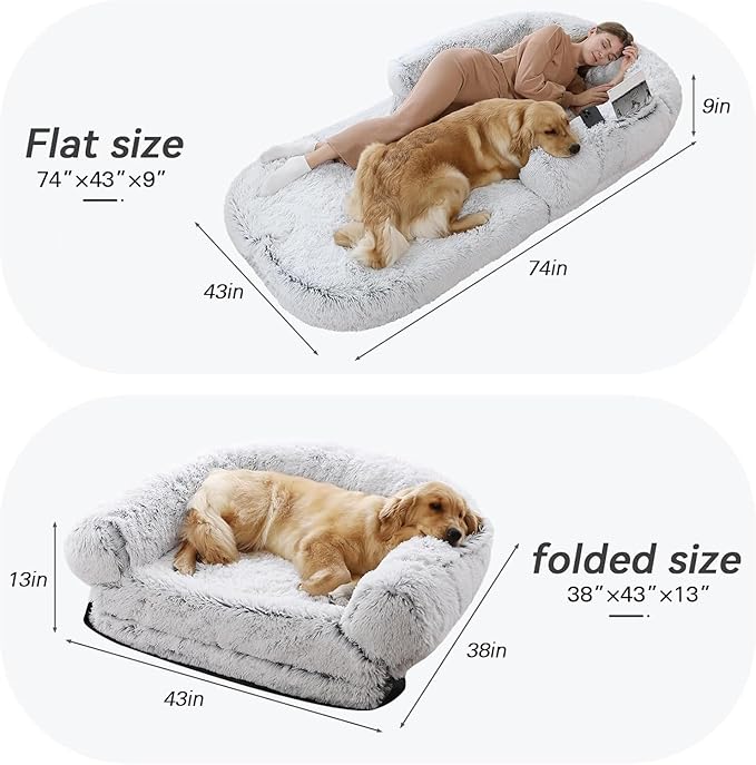 YAEM Human Dog Bed, 74"x44"x10" Dog Beds for Large Dogs, Foldable Plush Washable Dog Bed for People Doze Off, Orthopedic Dog Beds for Humans Size Fits You and Pets - Grey