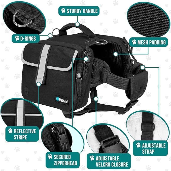 PetAmi Dog Backpack for Medium Large Dogs, Dog Saddle Bag For Dogs to Wear, Tactical Harness Saddlebag with Reflective Safety Side Pockets for Hiking, Camping, Vest Dog Pack for Travel (Black, Medium)