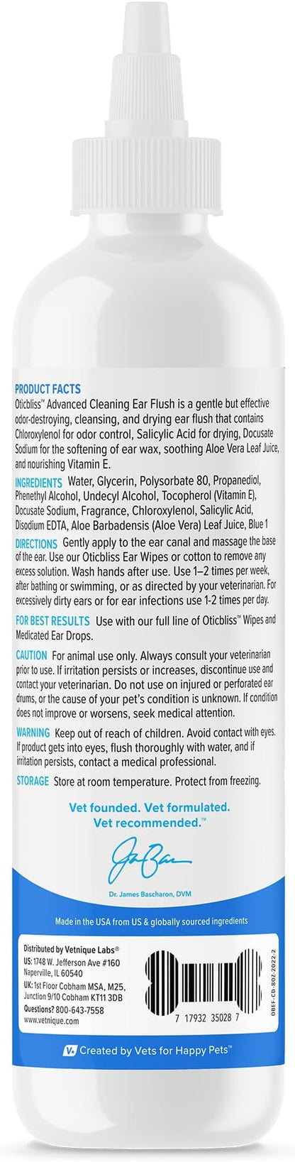 Vetnique Labs Oticbliss Ear Cleaner Wipes/Flushes for Dogs & Cats with Odor Control and Itch Relief Reduces Head Shaking