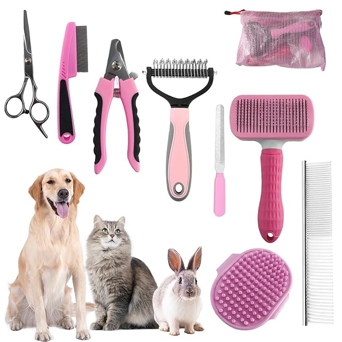 Dog Brush for Shedding,9 PCS in One Pet Slicker Hair Brush Kit with Pet Nail Clipper and File - Dog Cat Grooming Deshedding Undercoat Rake Brush Comb for All Small Large Dogs Cats Pink