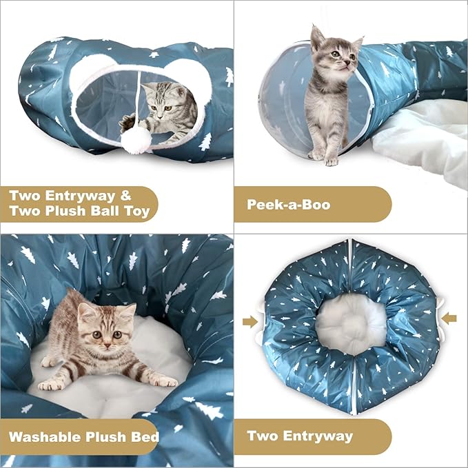 AUOON Cat Tunnel Bed with Central Mat,Big Tube Playground Toys,Oxford Cloth 410D Cloth Materia,Full Moon Shape for Kitten,Cat,Puppy,Dog,Rabbit,Ferret,Blue