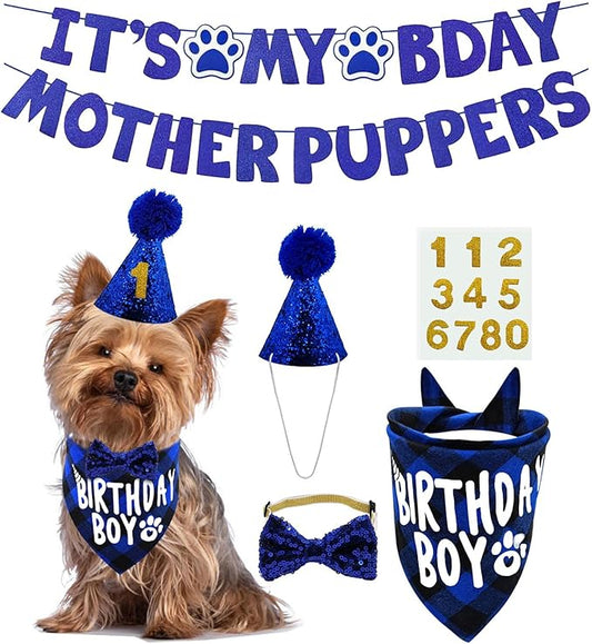 Dog Birthday Party Supplies, LMSHOWOWO Multi Sizes Dog Birthday Bandana Boy Dog Birthday Hat Bow Tie Numbers It’s My Bday Mother Puppers Sign Banner for Small Dogs Pets Birthday (Small, Blue)