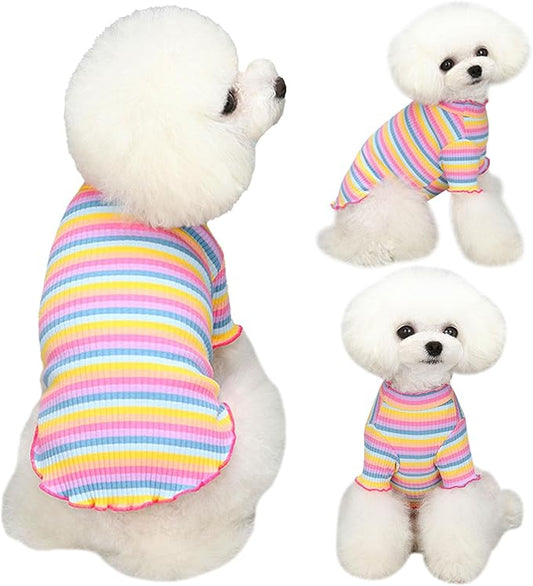 Small Medium Dog Clothes Rainbow Striped Dog Shirts Stretchable Long Sleeve Cat T-Shirt Pet Outfits for Chihuahua Yorkie Teddy (Pink Edge, X-Large)