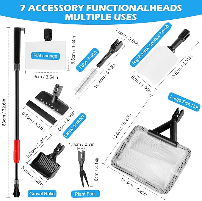 Aquarium Cleaning Tools 7 in 1 Fish Tank Cleaning Kit with Adjustable Telescopic Handle Multipurpose Fish Tank Cleaning