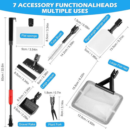 Aquarium Cleaning Tools 7 in 1 Fish Tank Cleaning Kit with Adjustable Telescopic Handle Multipurpose Fish Tank Cleaning