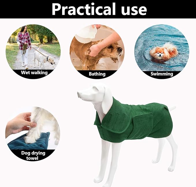 Geyecete Dog Drying Coat -Dry Fast Dog Bag - Dog Bathrobe Towel - Microfibre Fast Drying Super Absorbent Pet Dog Cat Bath Robe Towel,Luxuriously Soft-Green-XXXL