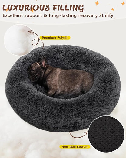 KSIIA Calming Dog Bed Anti-Anxiety Round Donut Dog Beds for Small Dogs Cat Beds for Indoor Cats Fluffy Comfort Small Dog Bed with Ultra-Soft Plush Washable Dog Bed with Non-Skid Bottom 20", Gray
