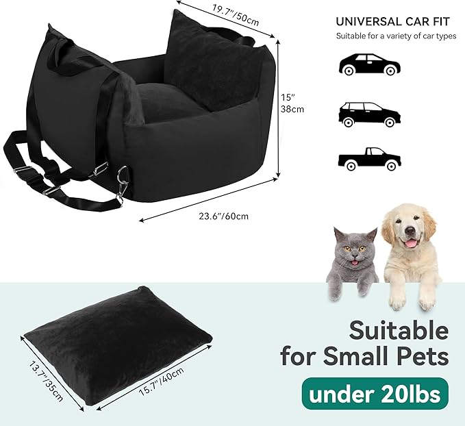 YITAHOME Dog Car Seat for Small Dogs Up to 20lbs, Portable Pet Booster Seats with Storage Pocket, Straps, Washable and Detachable, Soft Car Travel Dog Bed, Black