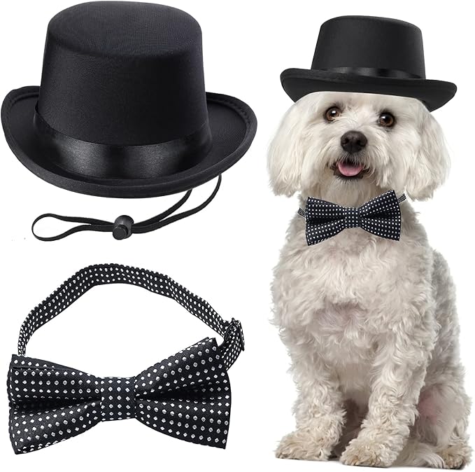 Yewong 2 Pieces Pet Formal Accessories Set - Pet Top Hat with Pet Formal Necktie/Bowtie Birthday Party Gradation Halloween Costumes Accessories for Dog Cat (Black-B) One Size