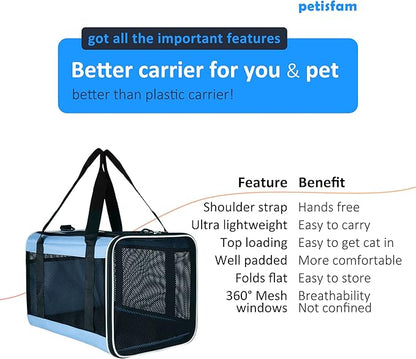 petisfam Soft Pet Carrier for Large and Medium Cats, 2 Kitties, Small Dogs. Easy to Get Cat in, Great for Cats That Don't Like Carriers (Blue)