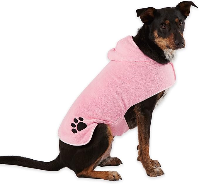 Bone Dry Pet Robe Collection, Embroidered Absorbent Microfiber Bath Robe with Adjustable Closure, for Dogs & Cats, Medium, Pink