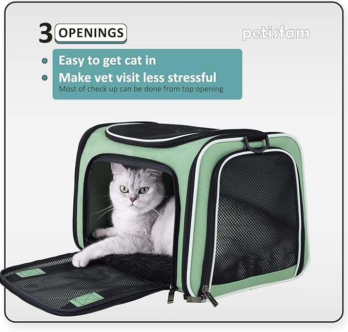 Soft Pet Carrier for Medium Cats and Small Dogs with Washable Cozy Bed, 3 Doors and Shoulder Strap. Easy to get cat in, Easy Storage, Lightweight, Airline Approved