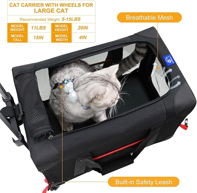 Cat Carrier for Large Cats 20 to 25 Pounds with Wheels,Rolling Large Cat Carriers for Large Cats 20 lbs 25lbs,Collapsible Hard Side,Wheeled Cat Carriers for Large Cats,Breathable,Not Airline Approved