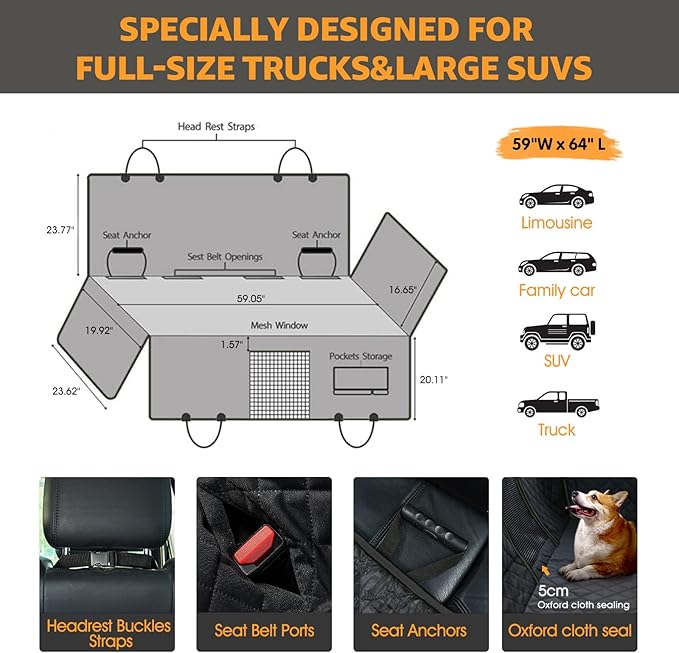 nzonpet Dog Car Seat Covers for Backseat 100% Waterproof F150- Black