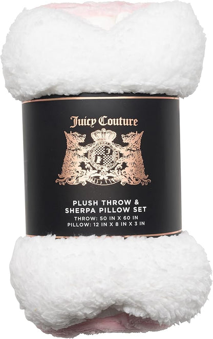 Juicy Couture Turquoise Pink/White Striped Dog Blanket with Sherpa Bone Shaped Pillow – Plush Puppy Blanket Throw