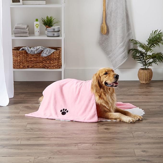 Bone Dry Pet Grooming Towel Collection Absorbent Microfiber X-Large, 41x23.5", Embroidered Pink