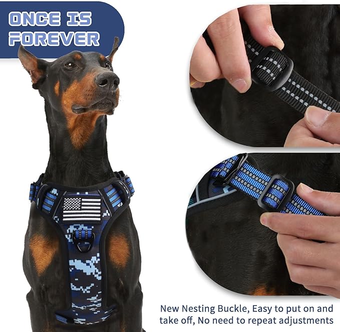 BUMBIN Tactical Dog Harness for Medium Dogs No Pull, Famous TIK Tok No Pull Puppy Harness, Fit Smart Reflective Pet Walking Harness for Training, Adjustable Dog Vest Harness with Handle Blue Camo M