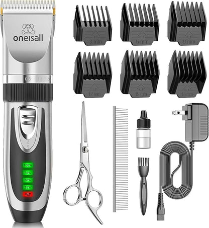 oneisall Dog Clippers Low Noise, 2-Speed Quiet Dog Grooming Kit Rechargeable Cordless Pet Hair Clipper Trimmer Shaver for Small and Large Dogs Cats Animals (Silver)