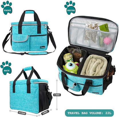 PetAmi Dog Travel Bag, Travel Pet Bag Organizer, Dog Food Travel Bag with Food Container and Bowls, Dog Travel Supplies Gift Accessories for Weekend Camping, Dog Cat Diaper Bag (Sea Blue, Medium)