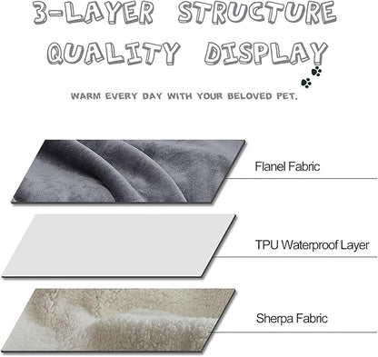 Waterproof Dog Blanket, 3-Layer Flannel and Sherpa Pet Throw, Reversible Protector Cover for Bed Couch Sofa, Grey, 50"x60"