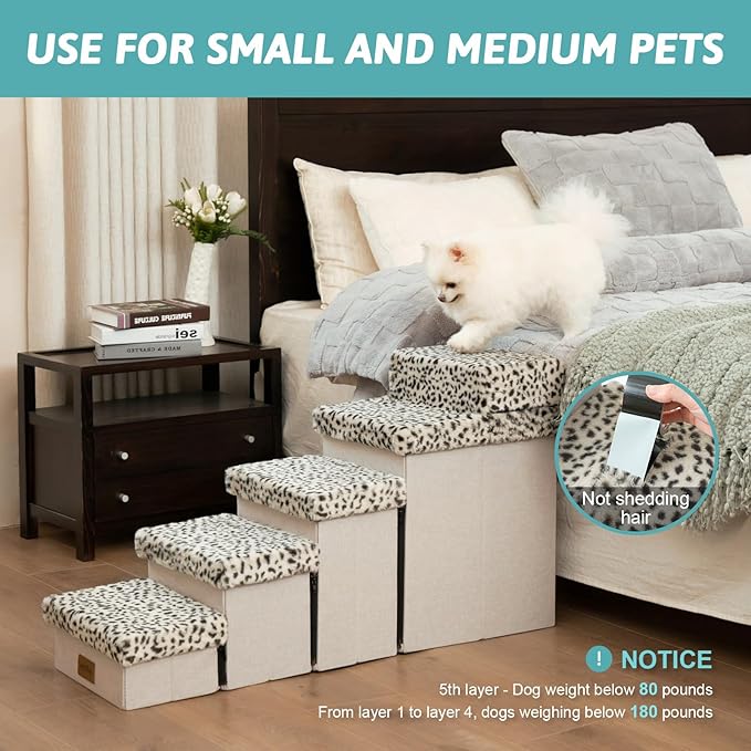 C0ZY KISS Dog Storage Stairs for Bed 21" H 39.7x13x21.2in, Leopard, 5 Tiers